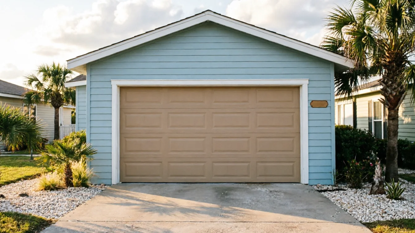 A light blue house has a tan garage door and tropical landscaping.