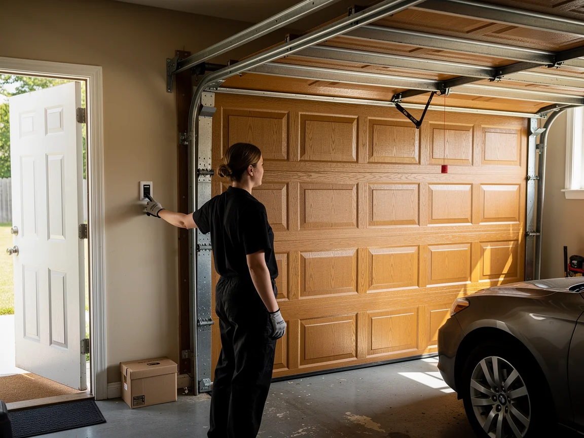A technician presses a button on the wall next to a closed wooden garage door.