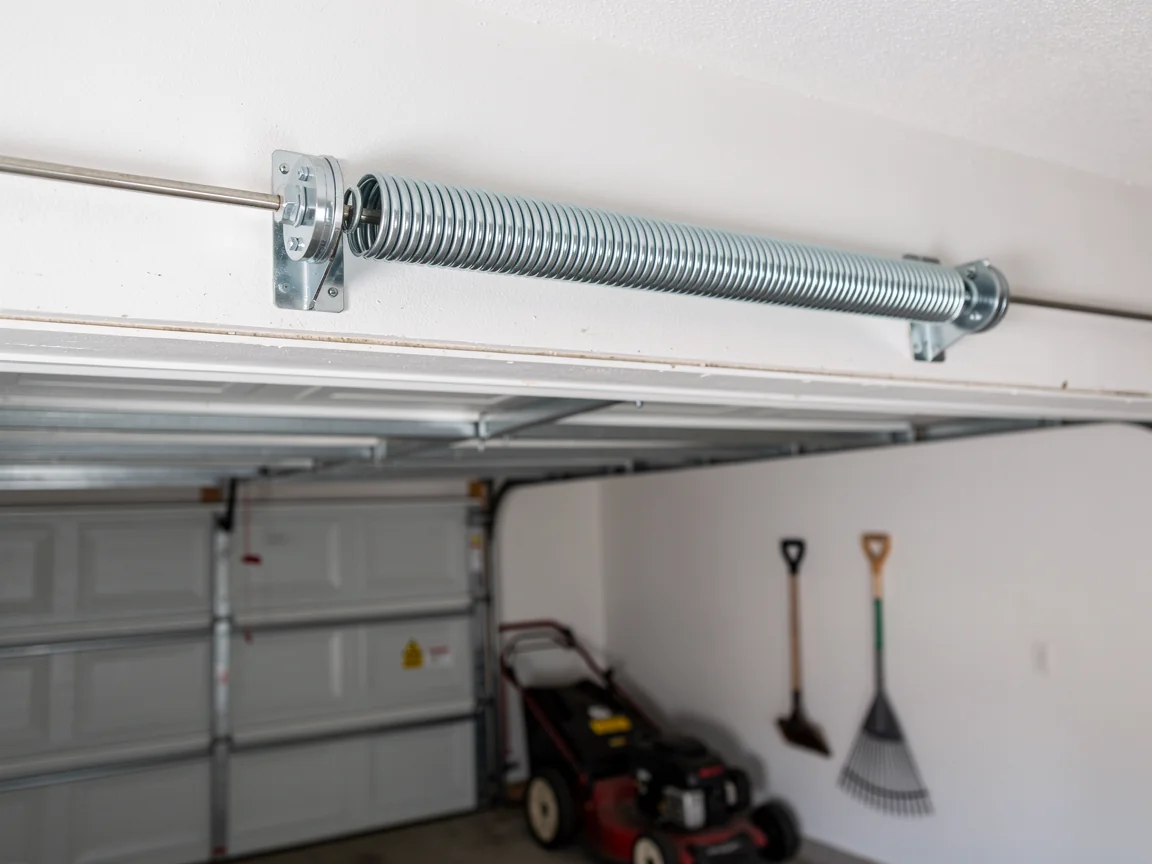 A torsion spring is mounted above a white garage door.