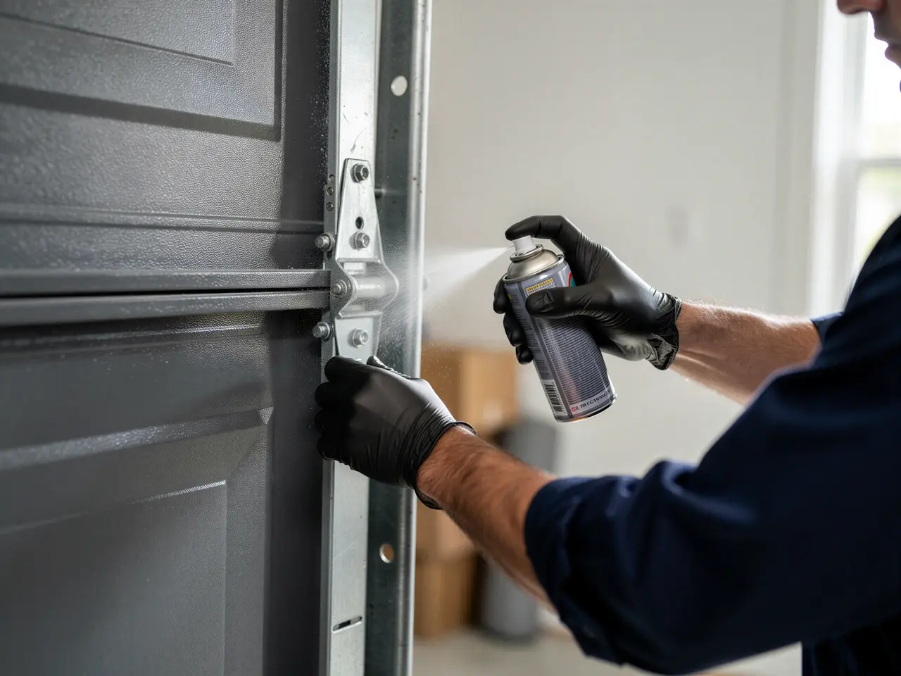 A technician in black gloves sprays lubricant on a garage door hinge.