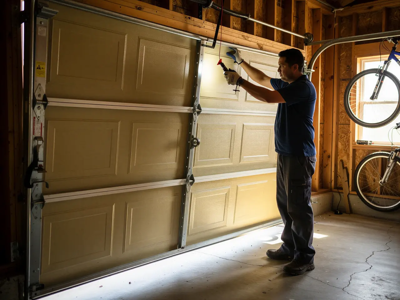 A technician inspects a beige garage door with a flashlight.